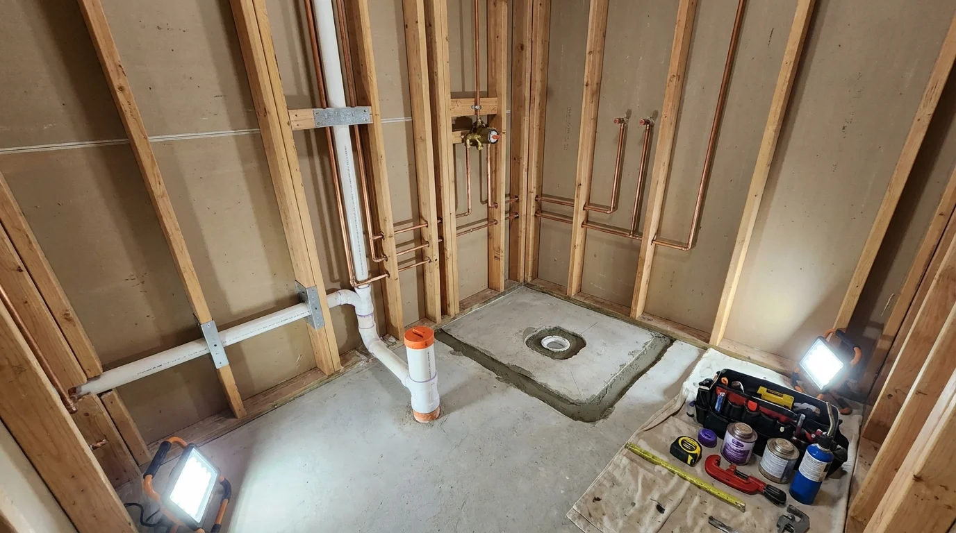 Bathroom rough-in plumbing during remodel by Johns Plumbing LLC in Sisters