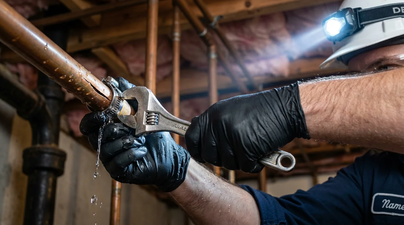 Emergency pipe clamp repair being performed by a Johns Plumbing LLC plumber in Sisters