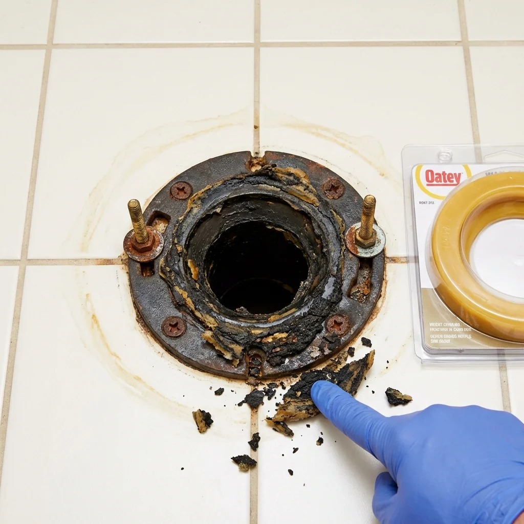 Failed wax ring showing water seepage at the base of a toilet in a Sisters, OR home