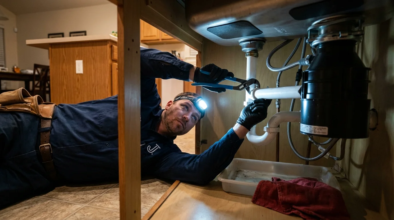 P-trap and supply line connections under a kitchen sink showing a common leak point in Sisters, OR